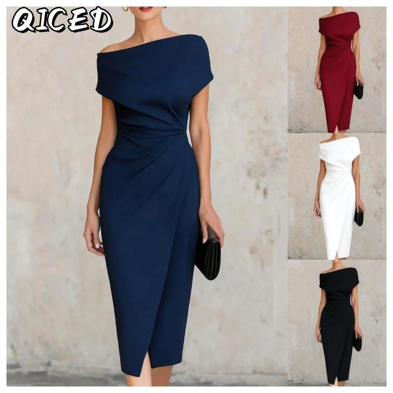 QICED Fashion Summer Spring Solid Color Print Short Sleeve Casual Dresses