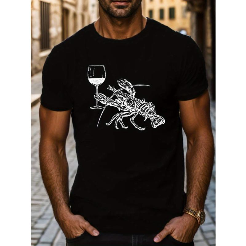 European Sizes Lobster Wine Glass Men's Short Sleeve T-shirt Summer T-shirt Top