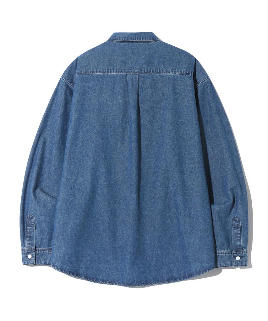 TRILLION Stone Washed Oversized Denim Long Sleeve Shirt (Middle Blue)
