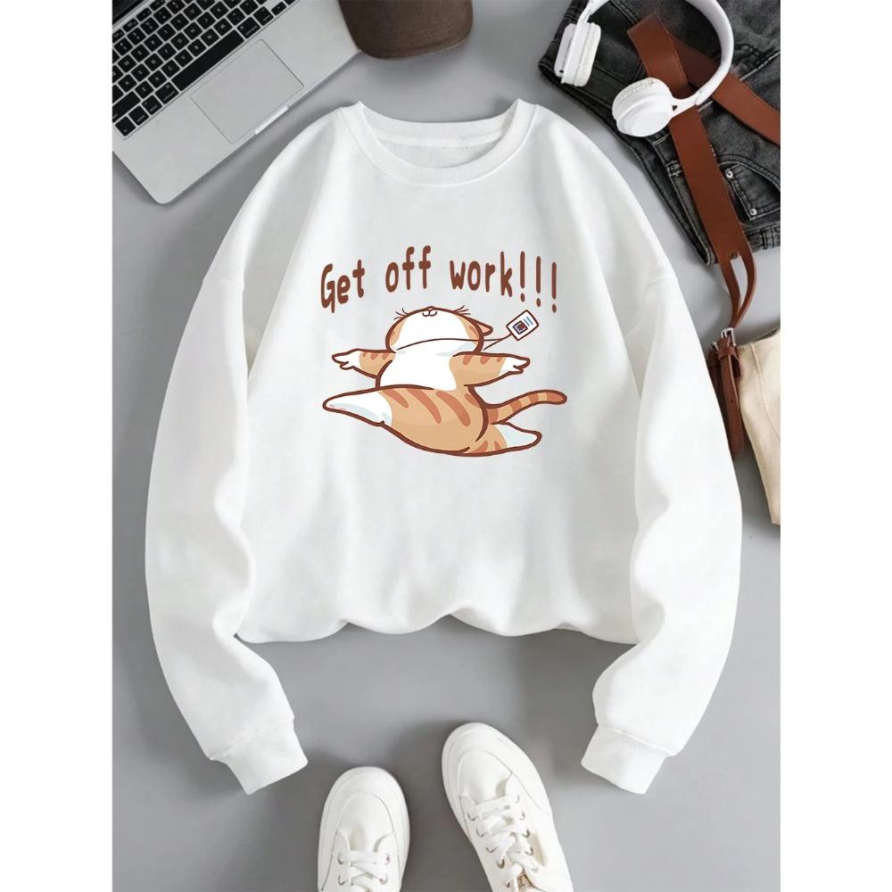 Get Off Work Happy Cat Prints Hoodies Women Winter Basics Pullovers Fleece Warm Soft Sweatshirts Woman Autumn Clothes