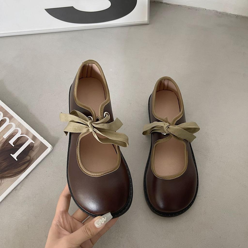 Nowe brązowe okrągłe sznurowane płaskie buty jk Mary Jane pojedyncze buty japońskie wysokiej klasy małe skórzane buty damskie