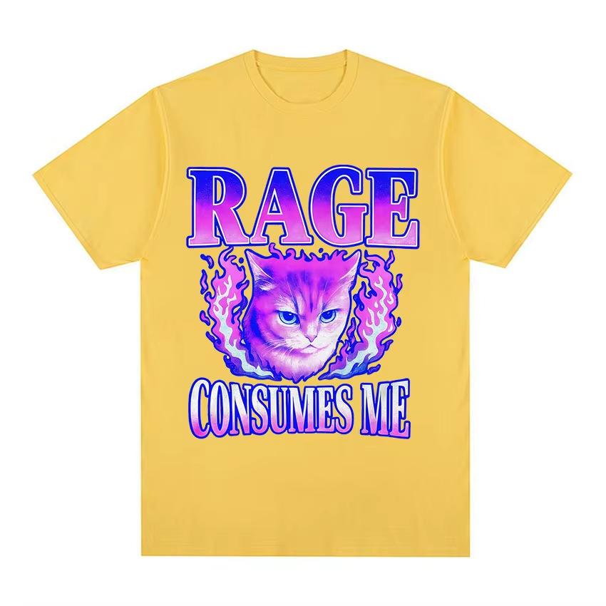 Rage Consumes Me Cat Angry Cat Retro Typography Funny Graphic TShirts Unisexs Women Vintage Aesthetic Cotton Short Sleeve T Shirts