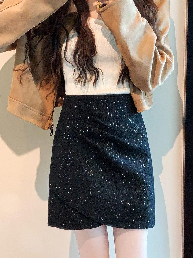 High-Waisted Black Wool Mini Skirt with Irregular Sequins - Women's A-Line Autumn/Winter 2025 Korean Style Bodycon Skirt.
