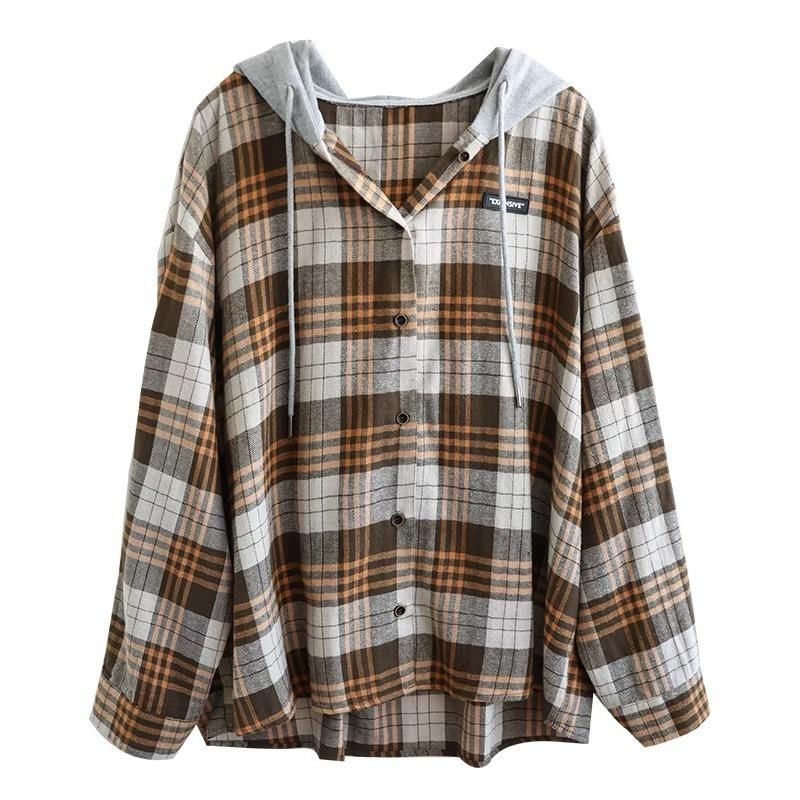 Autumn Japanese and Korean Single-breasted Plaid Brushed Long-sleeved Shirt Women's Casual Large Size Casual Hooded Shirt