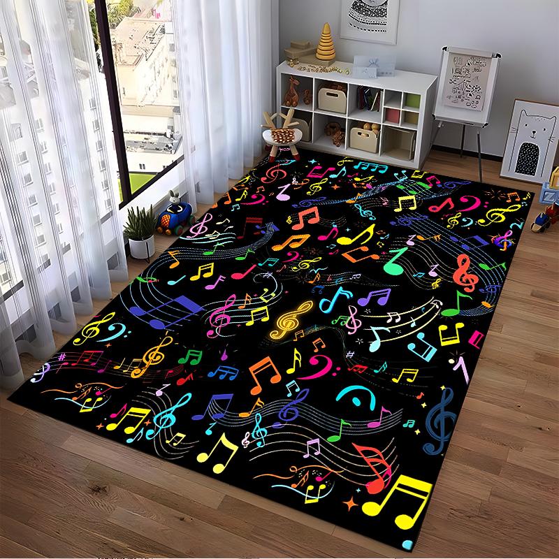 Colorful Musical Notes Pattern Carpet, Black Background Home Decor Suitable for Use As an Anti-slip for Living Room Bedroom Sofas