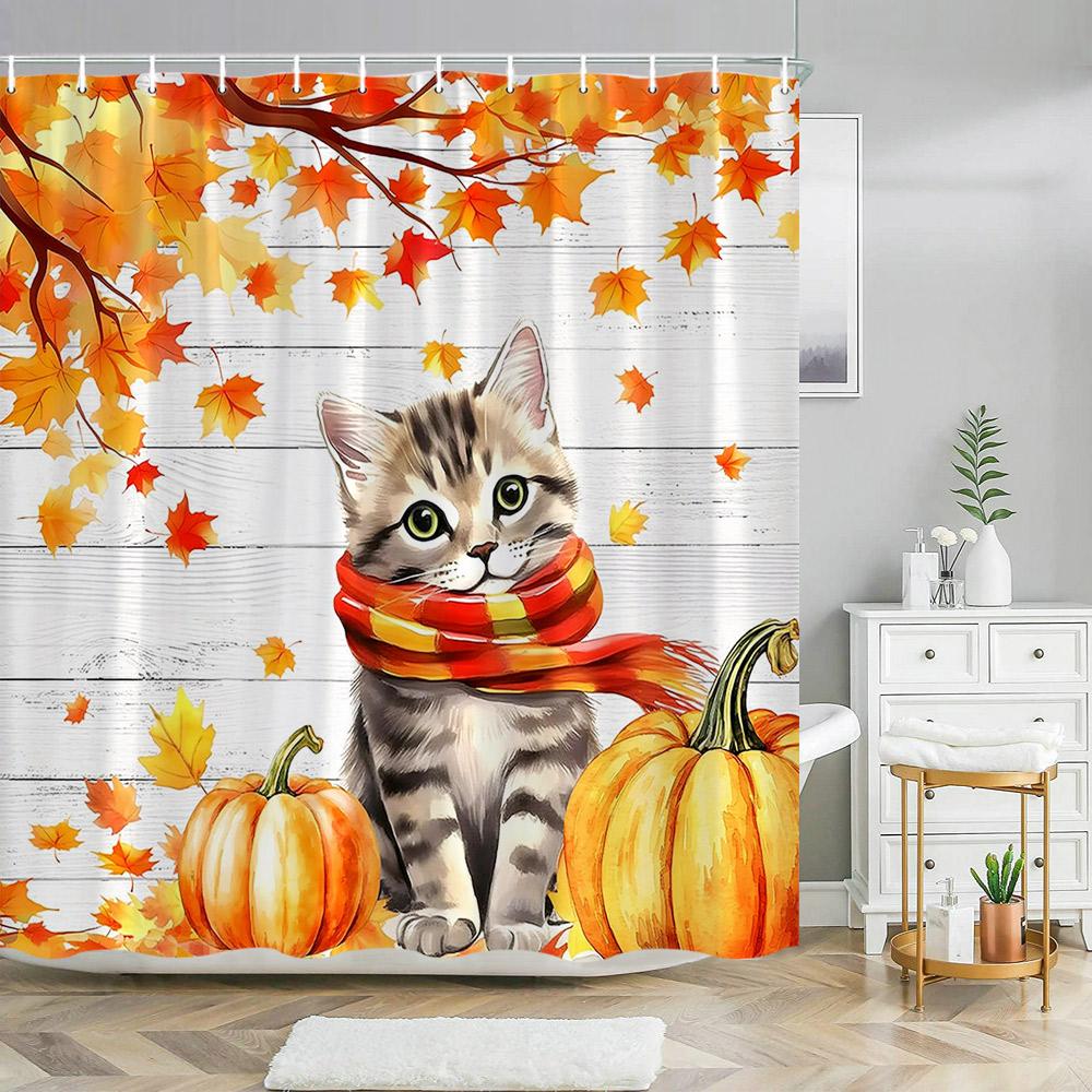 Fall Maple Eucalyptus Leaves Shower Curtain Autumn Pumpkin Farm Watercolor Botanical Floral Cloth Shower Curtains Bathroom Decor