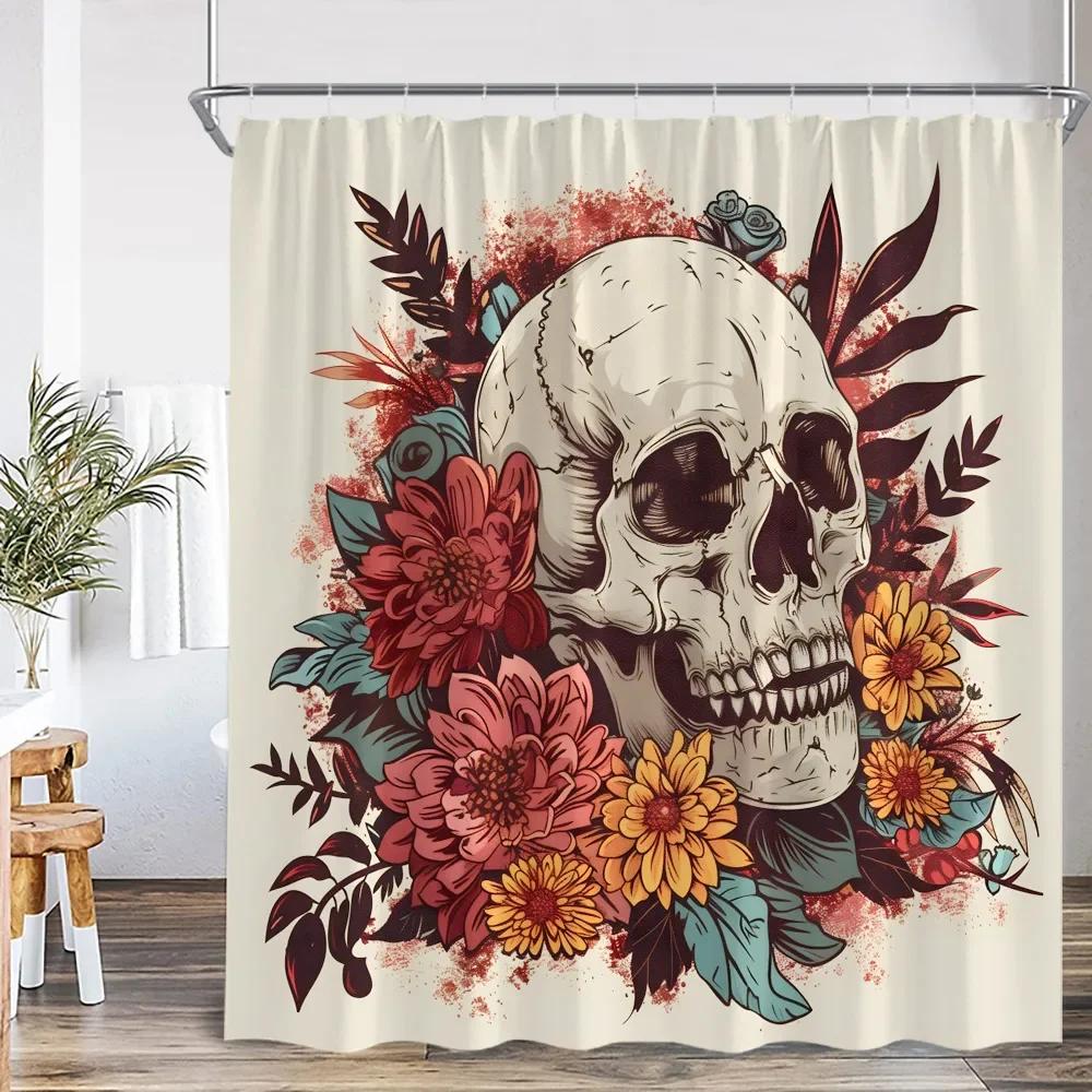 Bohemian Skull Flower Shower Curtain Flower Vintage Plant Leaves Happy Halloween Bathroom Decoration Polyester Bathtub Curtain