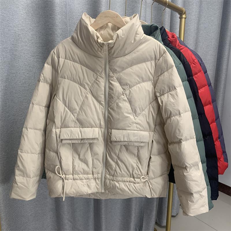 Women Autumn Winter White Duck Down Jacket Coat Padded Parka Short Stand Collar Pocket Loose Thin Lingge Solid Color