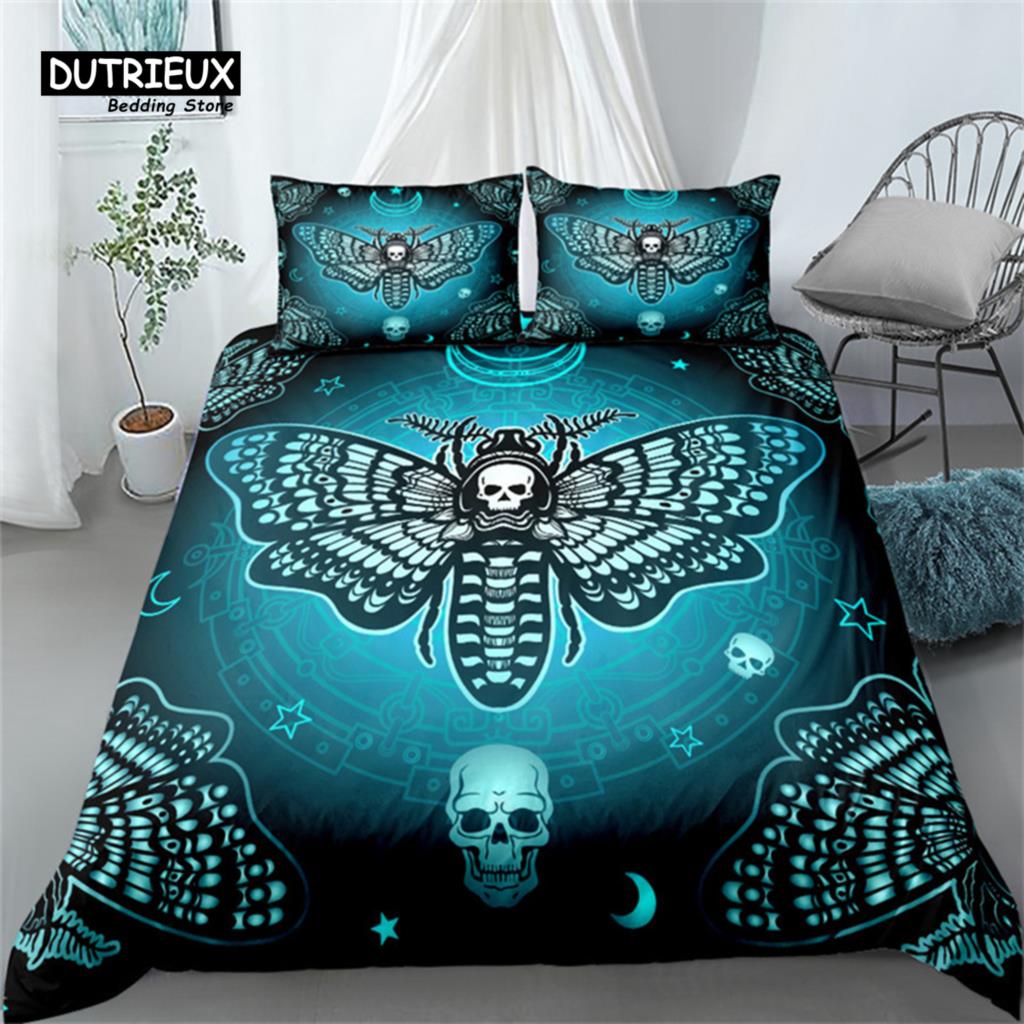 Gothic Skull Bedding Set Death Moth Flowers Print Duvet Cover Skeleton Bones Butterfly Pillowcases