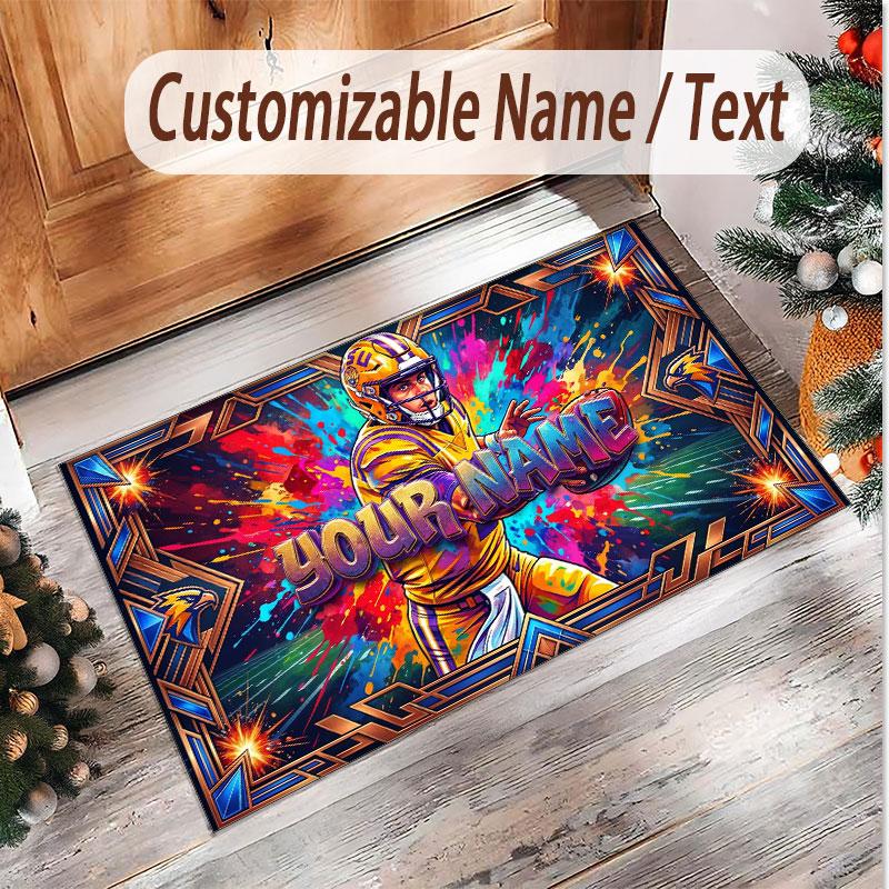American Football Theme Soft Crystal Velvet Rug Custom Name & Text Print Non Slip Floor Rug for Bedroom Living Room