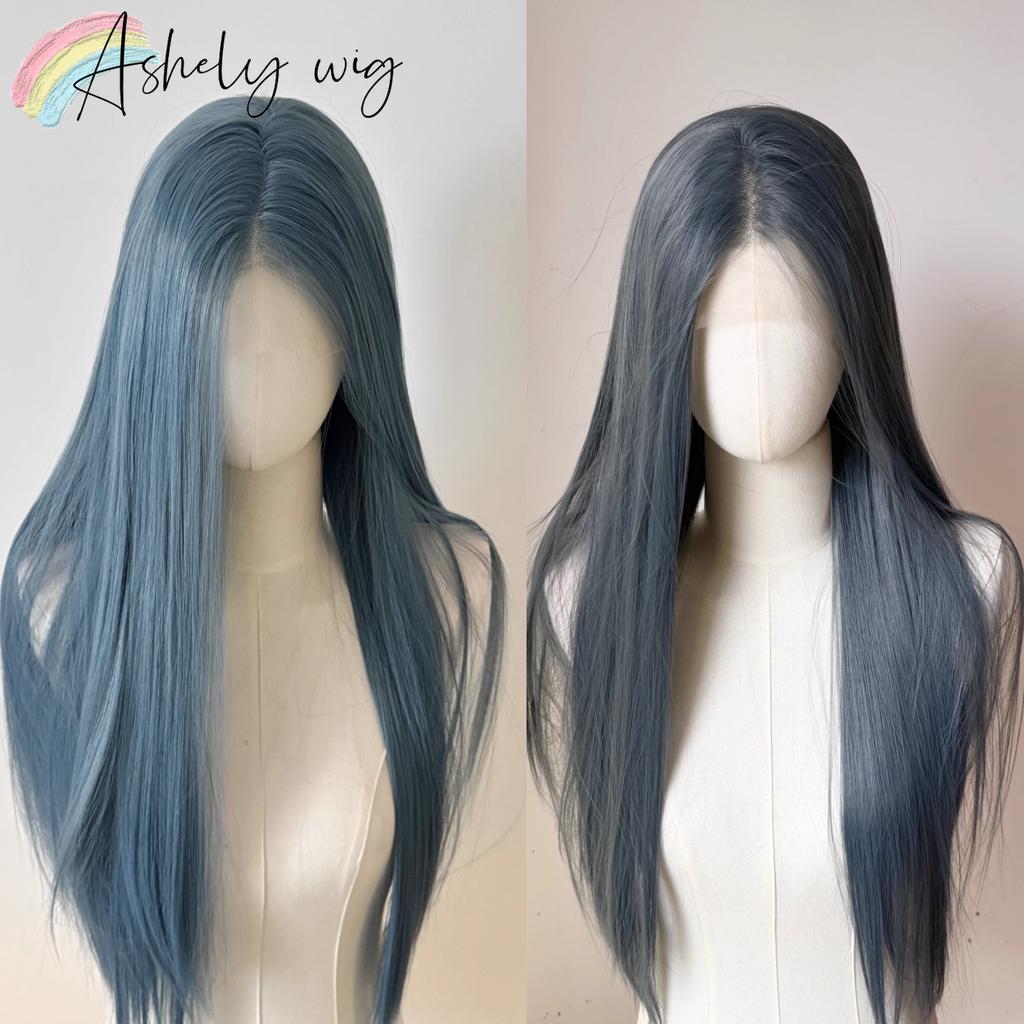 Ash Blue Lace Wig Forcosplay 13*4 LaceFront Wig for Women 26inch Long Straight Hair High Temperature Fibers Synthetic Lace Wigs
