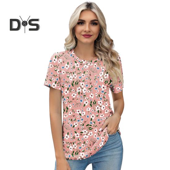 Women Summer T-shirt Round Neck Short Sleeve Loose Fit Tee Shirt Floral Print Regular Fit Pullover Tops
