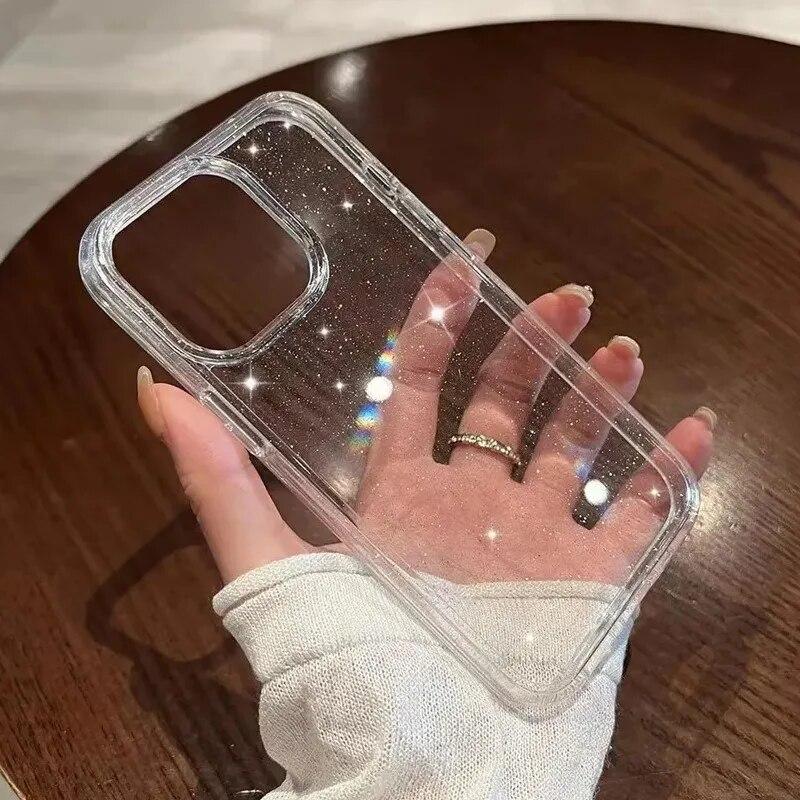 Lyxigt Bling Glitter Klart Telefonfodral För iPhone 15 14 13 12 11 Pro Max X XR XS 7 8 Plus SE 2 Stötsäkert Transparent Soft Cover