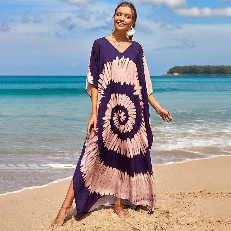 Kaftan Beach Dress Rayon Women Boho Colorful Printed Plus Size Maxi Summer Bathing Suit Cover Up