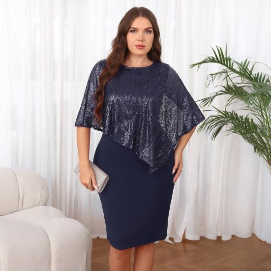 Women's Sleeveless Cape Dress with Sequin Overlay Oversized Sequin Bodycon Pencil Dress Ladies Evening Midi Dress