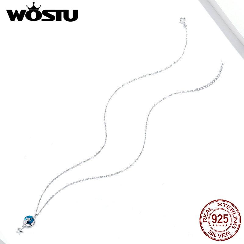 WOSTU 925 Silver Moon & Cat Star Necklace Blue Enamel Long Chain Link Necklace For Women Fashion Jewelry CQN422