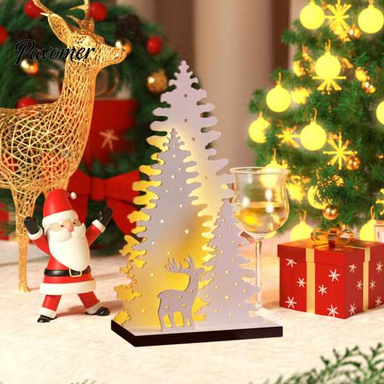 Warm Atmosphere Room Decor LED Wooden Christmas Tree Tabletop Decor, Glowing Hollow Light Up Seasonal Home Interior Accents Ornaments for Holiday