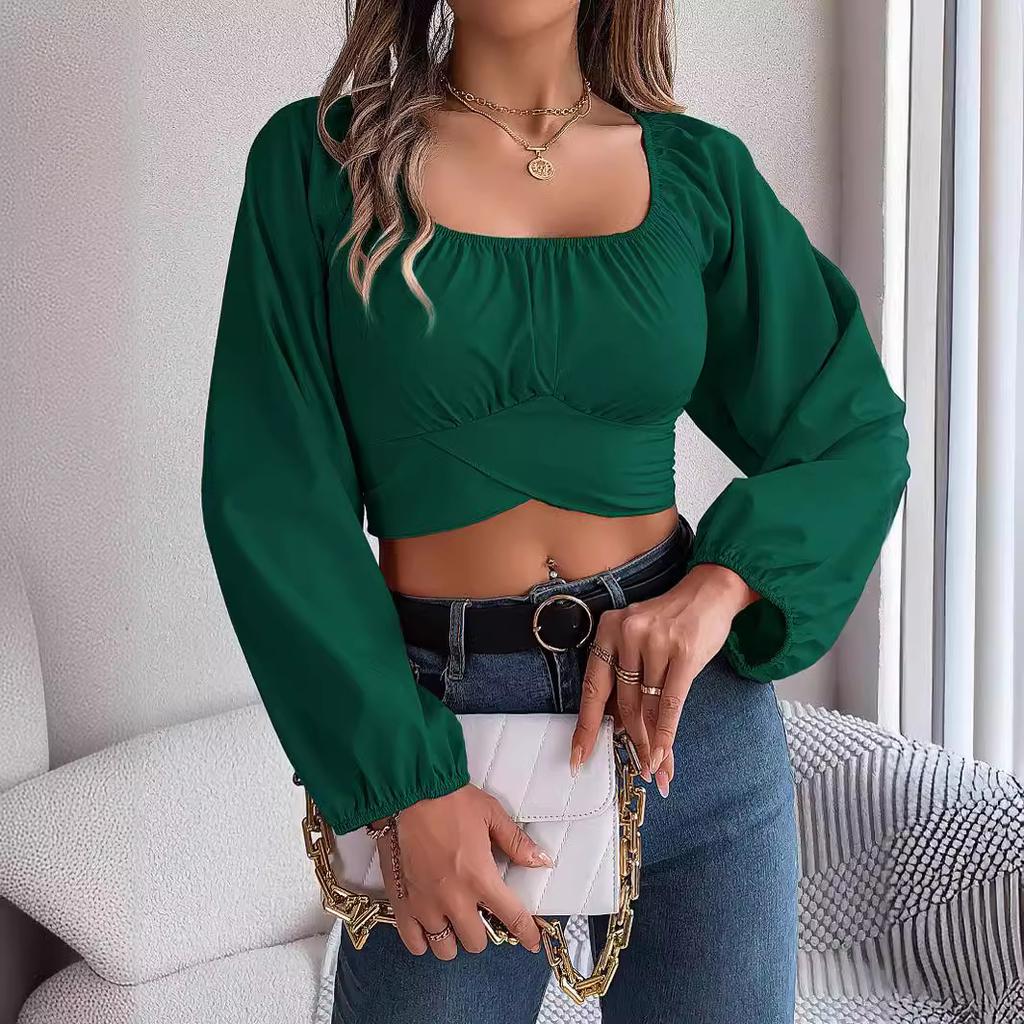 QICED Spring Summer Casual Lantern-sleeved, Lace-up, Waist-cinching Chiffon Blouse, Crop Top for Women