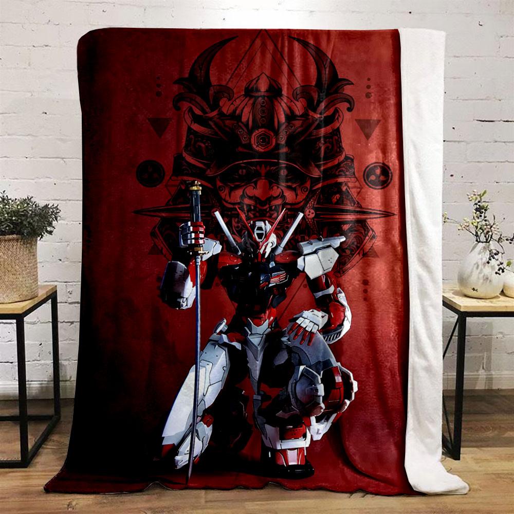 Samurai helmet motif with geometric shapes on a red background. for all seasons blanket lunch break throw gift