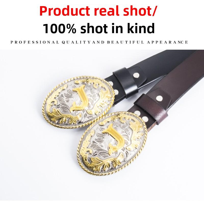Male Punk Rock Whole Cowhide Belt Round Board Buckle Smooth Buckle Vintage Western Style Belt