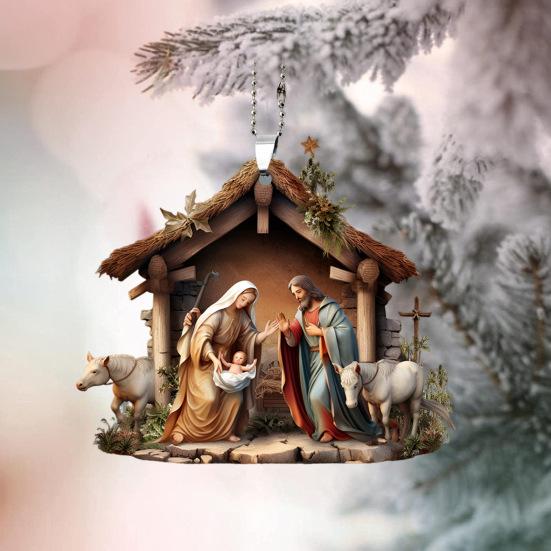 Christmas Pendant Ornament Jesus Family Prayer Scene Pendant Bright Colored Religious Symbol Pendant for Home Car KTY