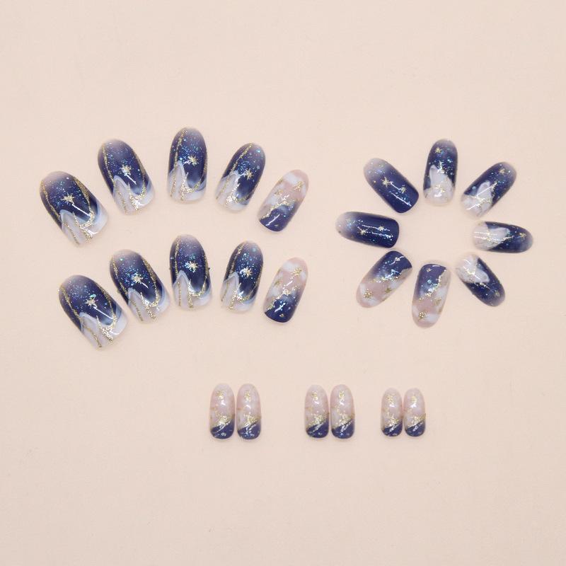 Ice Transparent Blue Smudged Quicksand Gentle and Cold Fairy Energy Removable Manicure 24 Pieces Press On Nails