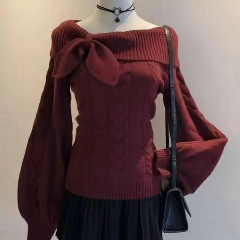 Y2K Korean Style Bow Knitted Pullover Female Sweet Japanese Slim Sweater Office Lady Autumn Winter Solid Sweater