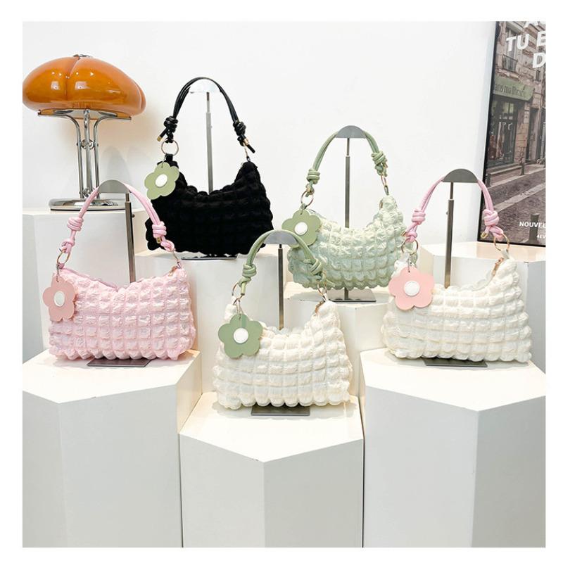 Women's Bubble Texture Round Cylinder Bag, Korean Style Floral Shoulder Handbag, Soft Lunch Tote with Zipper Closure