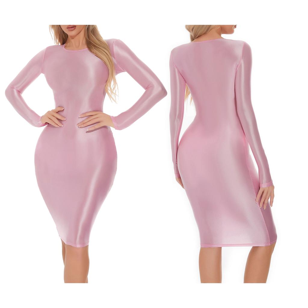 Womens Silky Solid Color Bodycon Pencil Dress Long Sleeve Hip Wrap Sleep Dress Nightdress