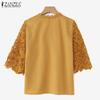 ZANZEA Women Summer V-Neck 3/4 Sleeve Casual Crochet Patchwork Blouse