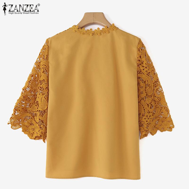 ZANZEA Women Summer V-Neck 3/4 Sleeve Casual Crochet Patchwork Blouse