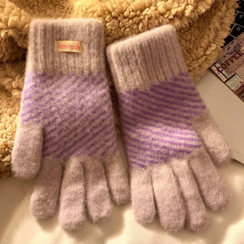 Polyester Fuzzy Striped Knitted Gloves One Size Thick Fleece Lined Gloves For Student