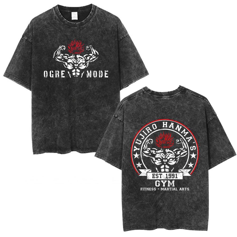 Anime Baki The Grappler Washed Tshirt Hanma Yujiro Gym Short Sleeve Tshirts Men Oversized Cotton Casual Tee Shirts Streetwear