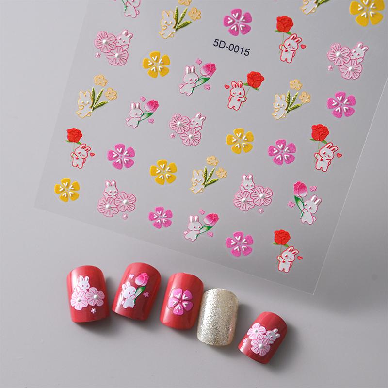 Autocollants pour ongles en relief colorés à la dopamine, motif dessin animé, motif fleur rose, style mignon, décoration pour ongles, DIY