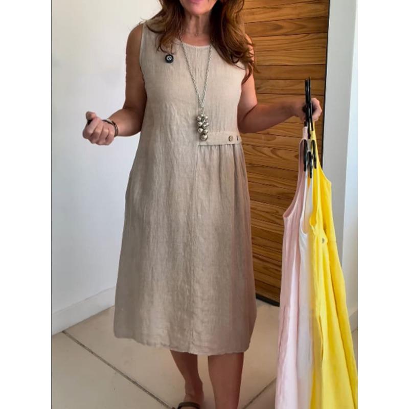 DAFIFY Women's Fashion Summer Spring Solid Color Print Sleeveless O-Neck Loose Waistline Casual Dresses