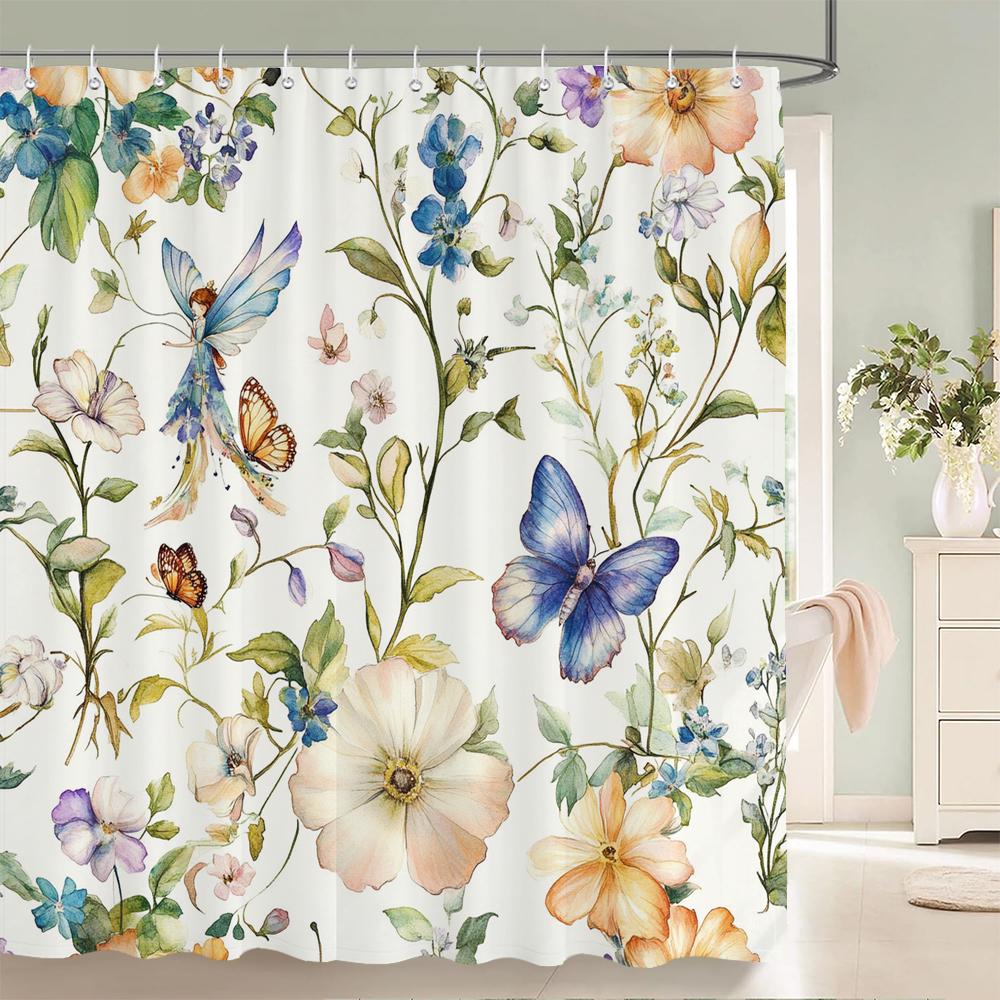 Waterverf Bloemen, Bladeren En Vlinders Douchegordijn Bloemenprint Badkamer Bad Gordijn Huisdecoratie Gordijn Met Haken