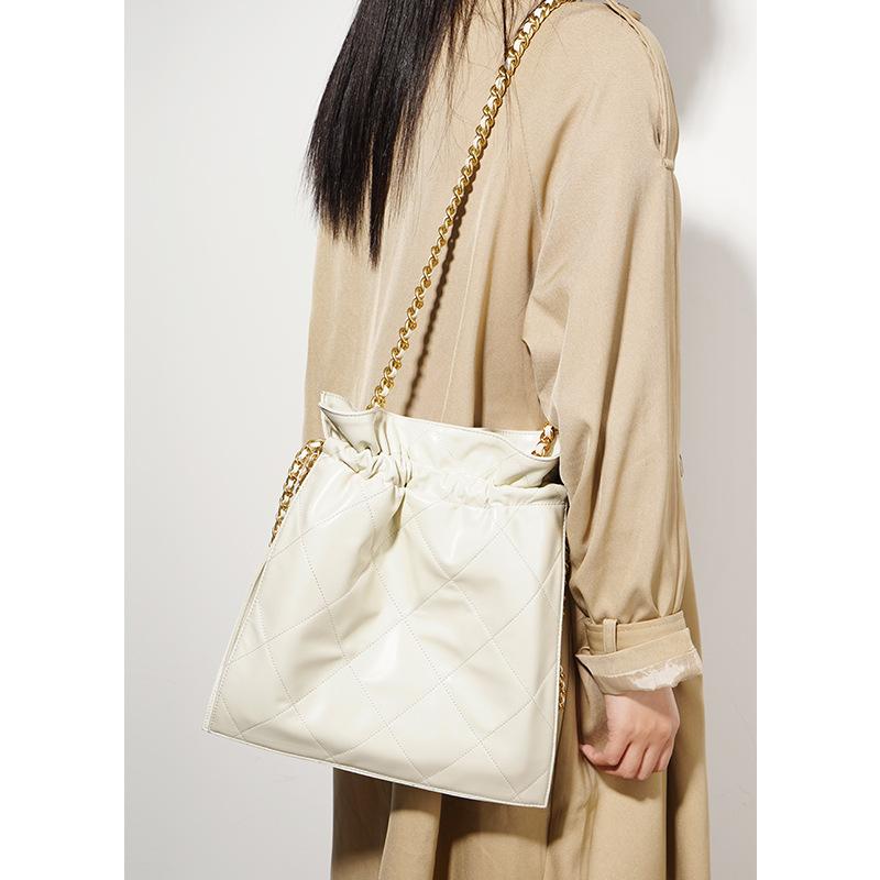 Genuine Leather Drawstring Lucky Bag Bucket Bag Hand Bag Diamond Chain Cowhide Portable Shoulder Pleated Bag