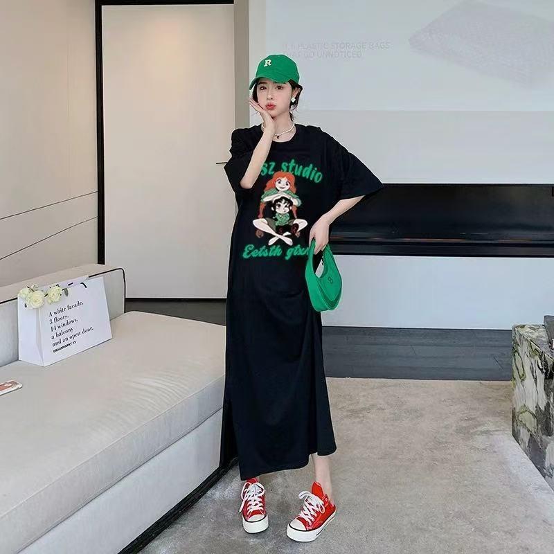 Loose-fitting Large-sized Women's Round-neck Short-sleeved T-shirt Dress, Long Laid-back Style Dress, Knee-length Sleeping Dress