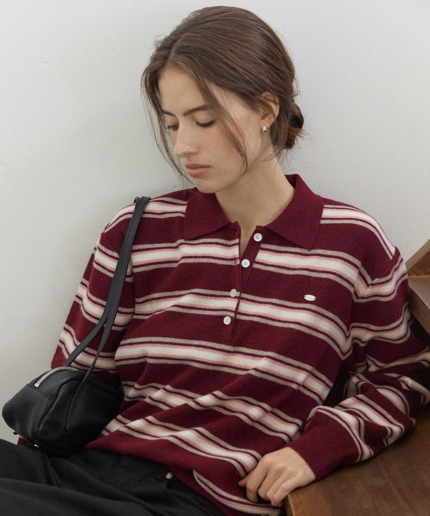 OURHOPE Multi-Stripe Collared Knit - Burgundy