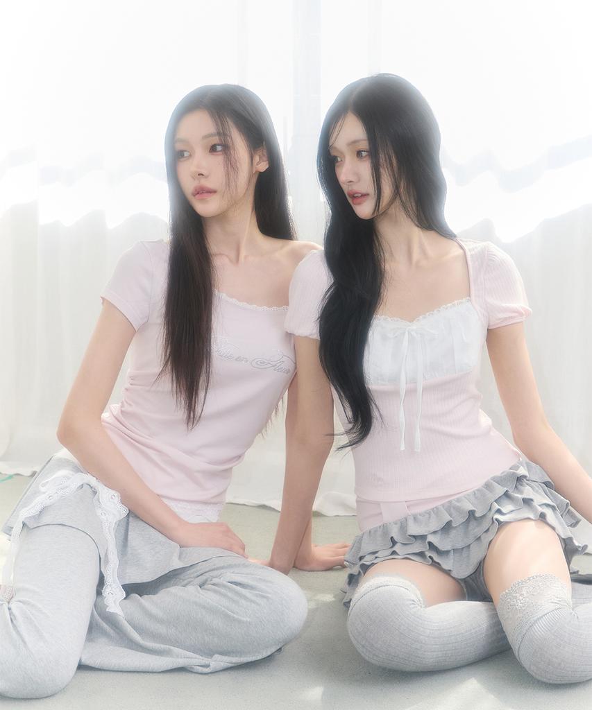 ILLIGO Rosie Lace Square Neck Tee Pink