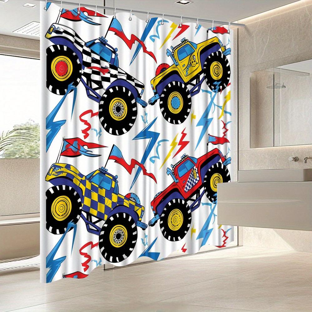 Monster Truck Shower Curtain – Playful Cartoon Cars, Bold Colors & Lightning Design, 70x70in, Polyester, Includes Hooks