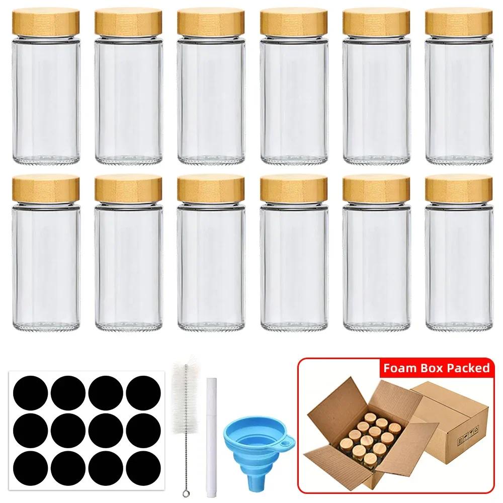 Glass Spice Jars with Bamboo Lid Collapsible Funnel Include with Minimalist Spice Labels Stickers Container Bottles for Spice Rack