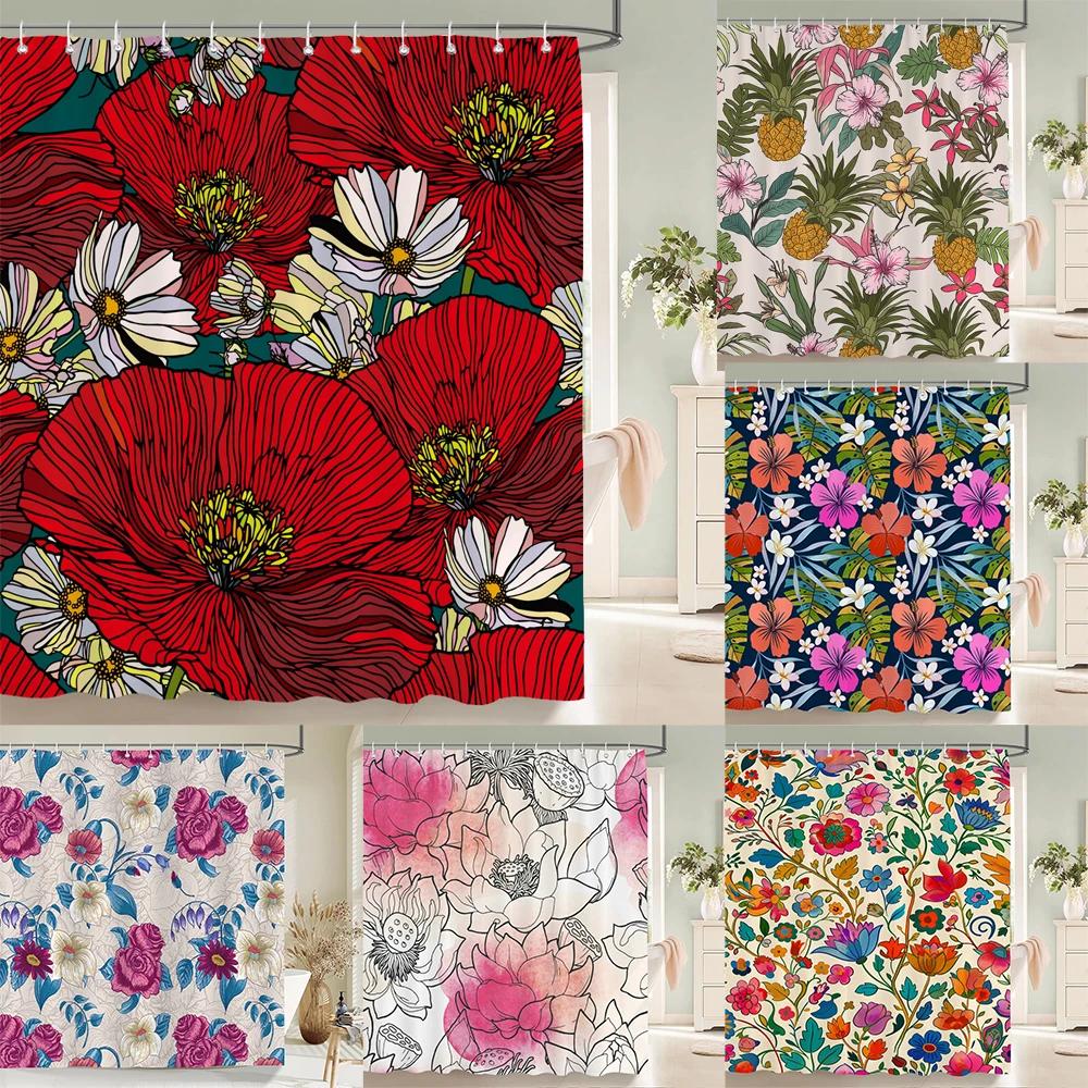 Watercolor Flowers Floral Shower Curtains Pastoral Spring Greenery Plants Home Decor for Bathroom Polyester Fabric Bath Curtain