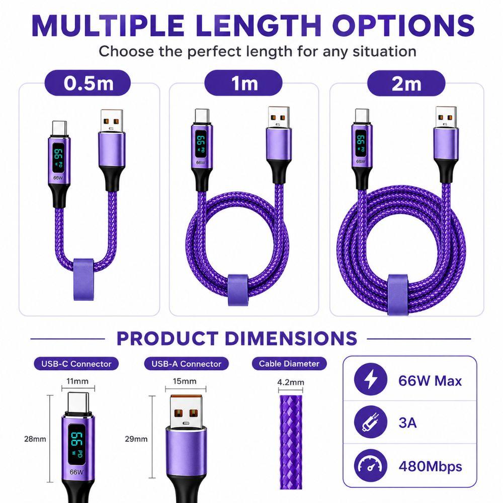 Nylon Braided Digital Display Cord 66W Fast Charging Data Cable  Phone Charging