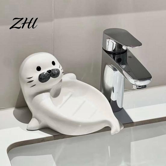 Ceramic Soap Stand Cute Seal Dish, with Self-Draining Design, Sponge Bathroom Storage Box Organizer Tray, for Countertop And Kitchen Sink Durable