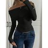 Camiseta Básica Lisa Casual Off-Shoulder Feminina Elegante Office Lady Pulôver de Manga Longa Roupas Vintage de Outono