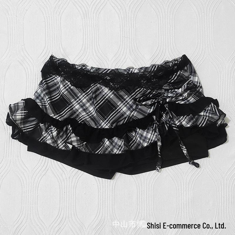 Gothic Style Slim-Fit Plaid Lace Skirt for Girls