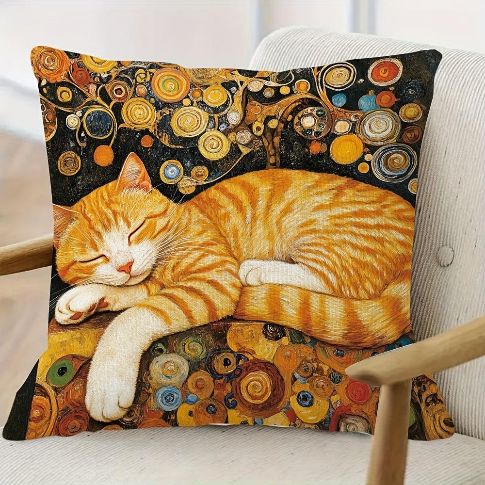 2D Plat - Vintage Art Nouveau Slapende Gemberkat Sierkussenhoes Luxe Gustav Klimt Stijl Decoratieve Kussensloop