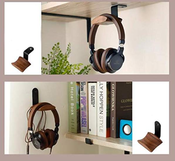 KiaoTime Headphone Hanger Holder Walnut Wood Headset Universal Fit - Stand, (Under-Desk Mount)