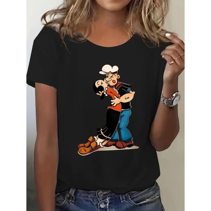 European Sizes Popeye Valentine'S Day Graphic T-Shirt, Casual Round Neck Short Sleeve Top, Made with Stretchy Regular Fit, Suitable for All Seasons